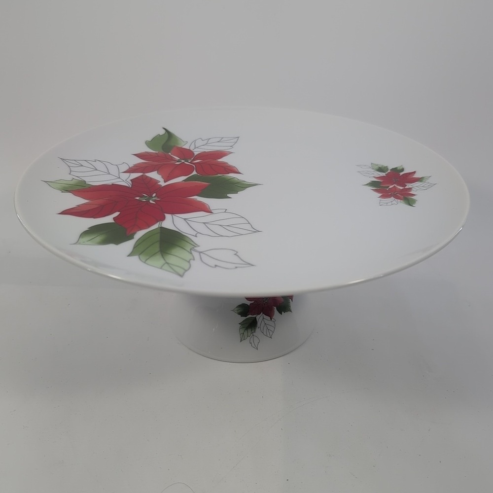 POINSETTIA Floral Pedestal Cake Plate Stand Holiday Christmas 10.5" x 4.5"‎